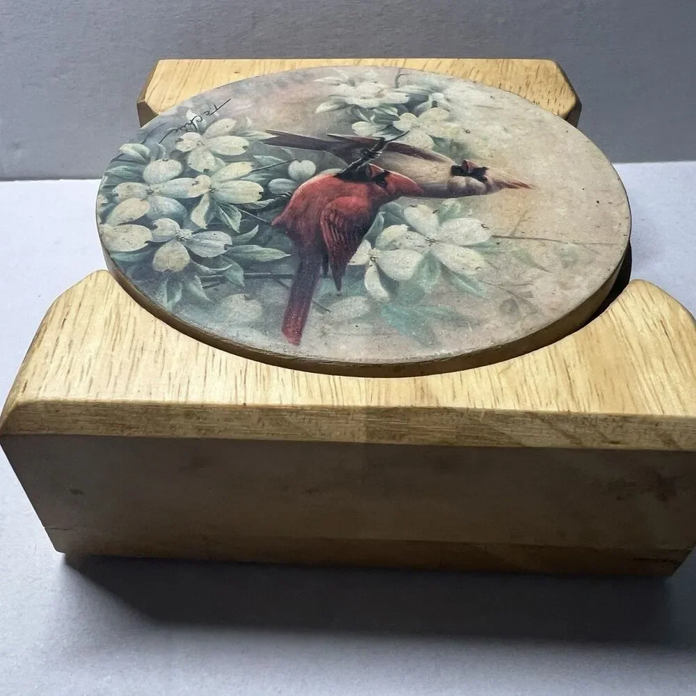 Vintage T.C. Chiu Red Cardinal Bird Coaster Set with Wooden Storage Holder MCM